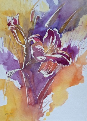 Aquarellbild abstrakter Orchideen in Rosa und Gelbtönen